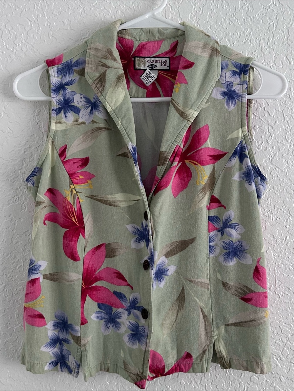 Caribbean Joe Sage Green Tropical Floral Sleeveless Button Top
